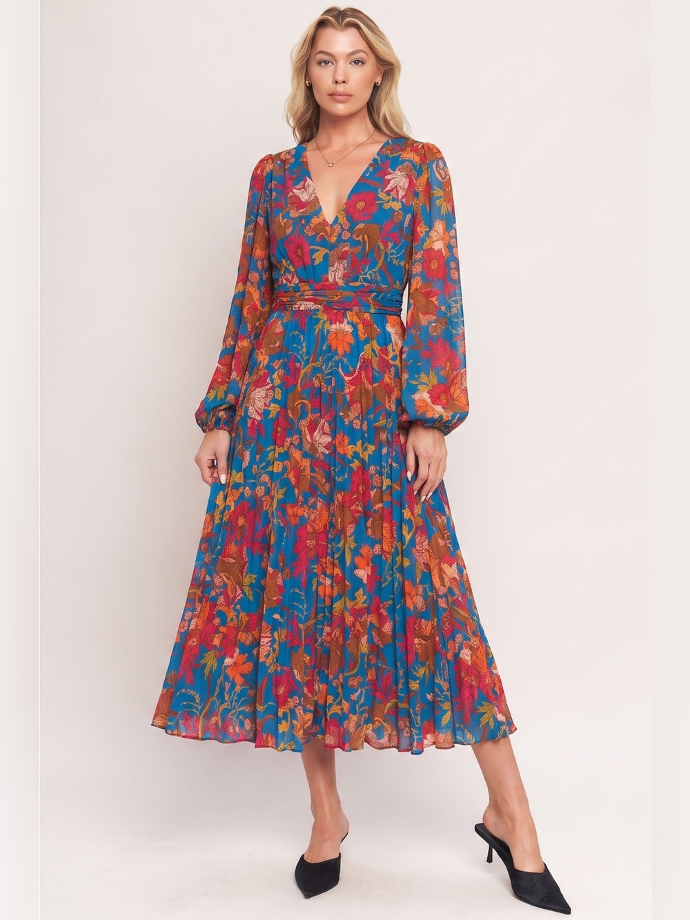Flying Tomato Floral Maxi Dress M Teal Blue Long Sleeve Boho